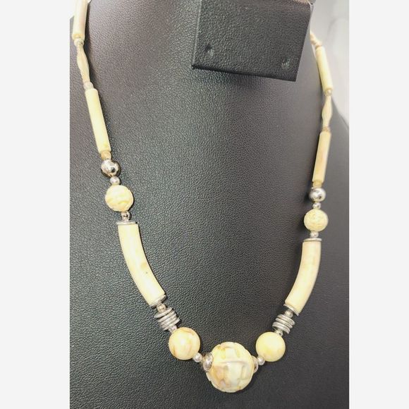 Carved Bone Bead & Silver Bead Necklace 8" - Picture 4 of 5